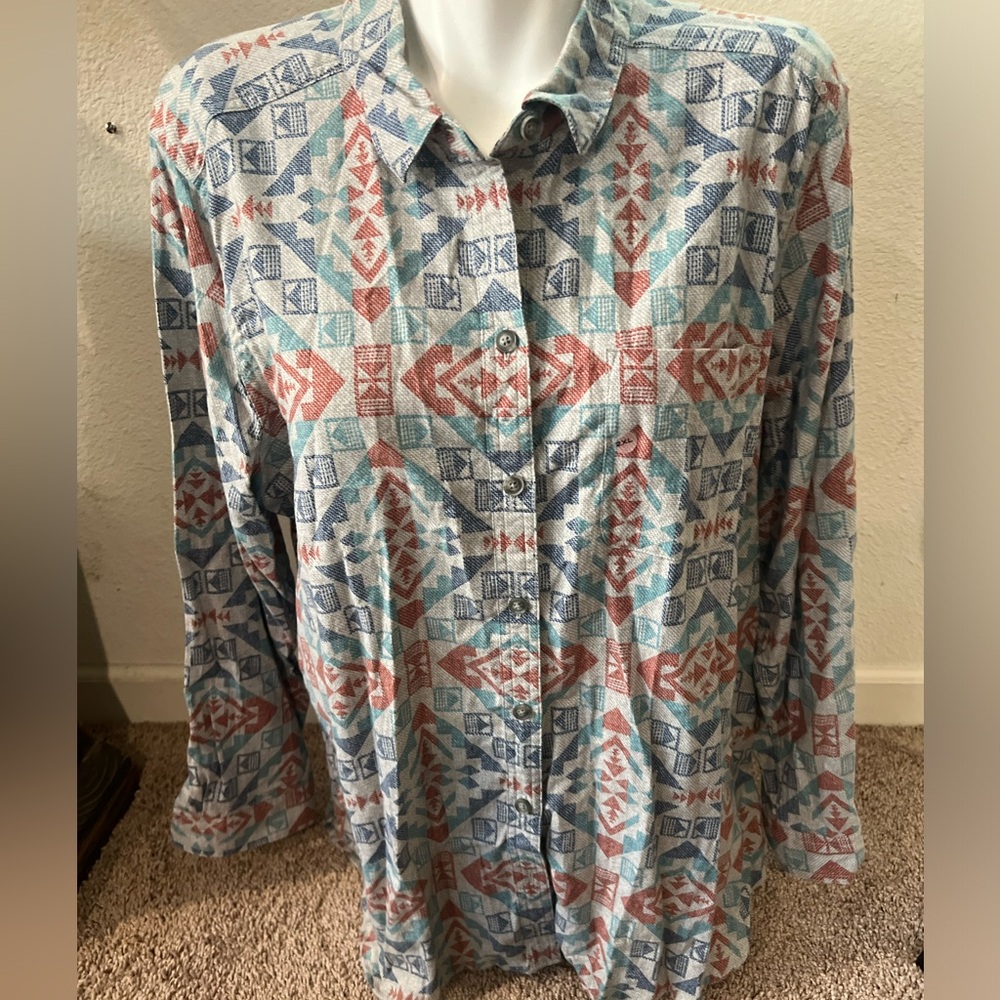 Eddie Bauer cotton Flannel Shirt Button Up Long Sleeve Aztec Print